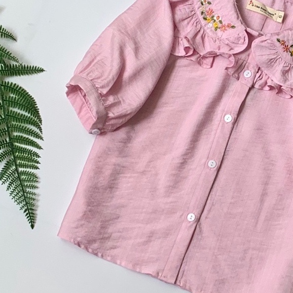 Áo sơ mi bé gái 6-12 tuổi tay lỡ thêu hoa, Sơ mi trắng cho bé vải thô đũi mềm mát