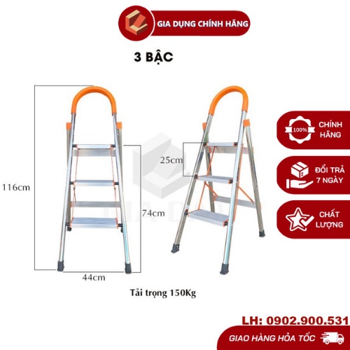 Thang Ghế Nhôm Tay Vịn 3 Bậc 1m16,Thang Nhôm Ghế Khung Inox Chắc Chắn,Bản Nhôm To - Bảo Hành Chính Hãng 12 Tháng