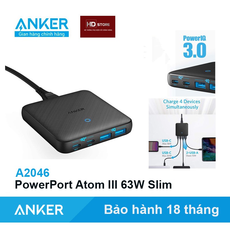 Sạc bàn ANKER PowerPort Atom III Slim 65W 4 Cổng PIQ3.0 PPS sạc siêu nhanh IPhone Samsung  - Mã A2046