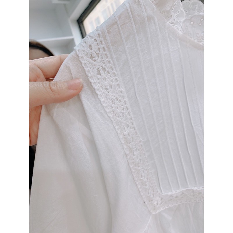 Áo sơm mi babydoll ren cổ tay lỡ , sơ mi tay lỡ phối ren babydol 25021 ( video ảnh thật)