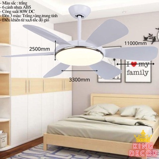 Quạt Trần Động Cơ DC, Có Đèn LED, Động Cơ 6 Cấp Độ Gió Công Xuất 90W Tặng Kèm Móc Cao Su Treo Quạt [Bảo Hành 5 năm]