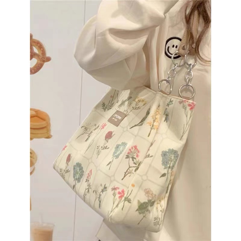 Túi tote chất lượng cao in nhiều hoa sắc màu phong cách Nhật Bản