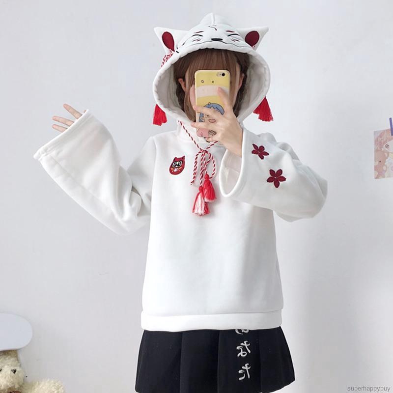 Áo hoodie họa tiết tai mèo phong cách Nhật Bản đáng yêu