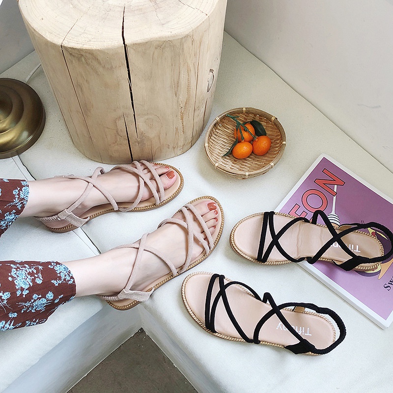 Giày Sandal Nữ Đế Bệt Dây Đan Chéo Phong Cách La Mã Thời Trang