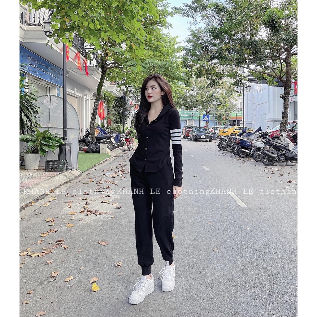 Bộ len thụng mũ vạt bầu mix quần jogger sọc thể thao đồ bộ nữ thu đông