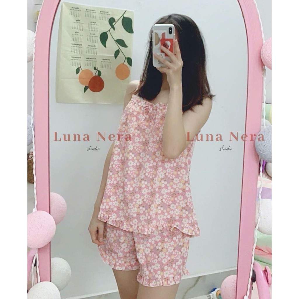 [TẶNG GƯƠNG CẦM TAY] Set đồ ngủ 2 dây hoa nhí viền bèo áo nhún ngực | Ảnh thật 100% ♡