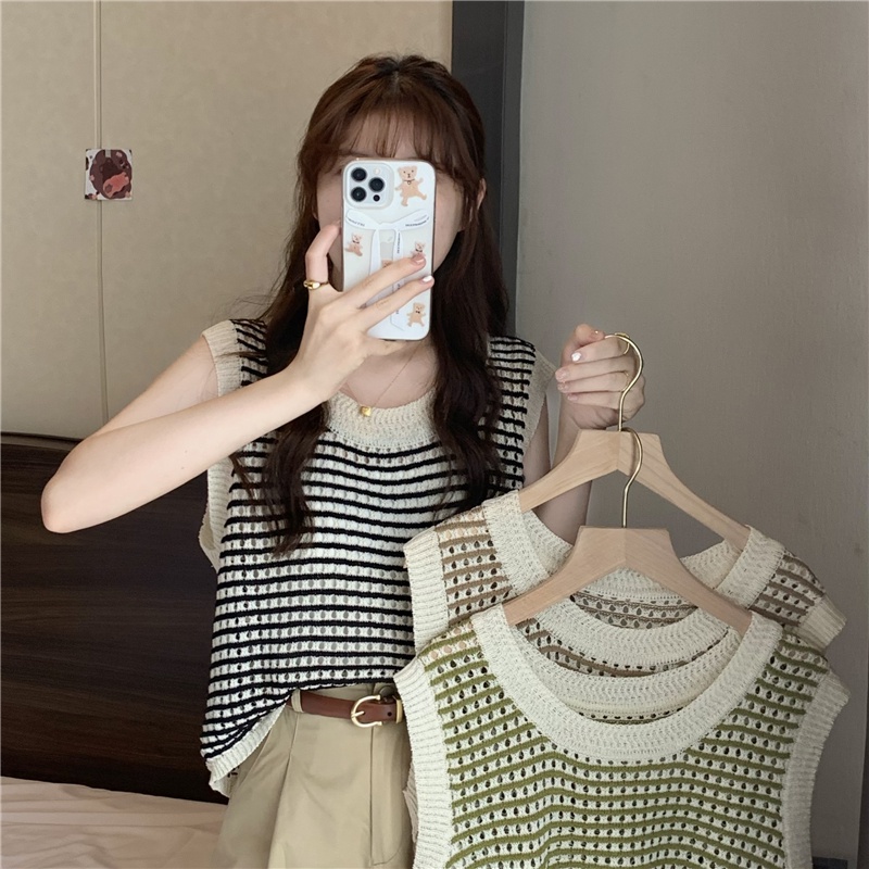 622189#Áo Dệt Kim Không Tay Dáng Rộng Họa Tiết Kẻ Sọc Thời Trang Mùa Hè Cho Nữ