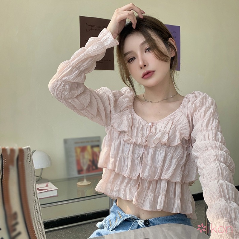 Áo Croptop Tay Dài Cổ Tròn Cho Nữ