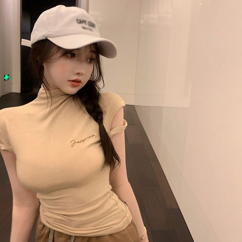 Áo Thun Tay Ngắn Cổ Lọ Màu Sắc Đơn Giản Phong Cách Hàn Quốc Cho Nữ