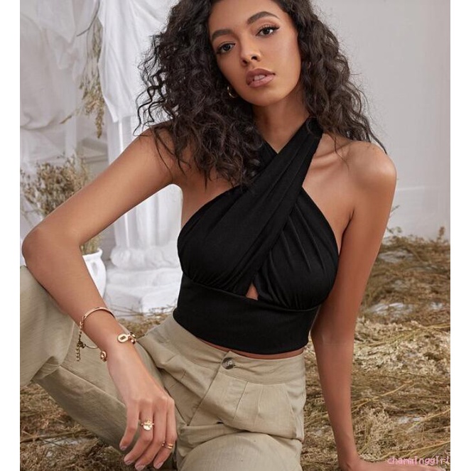 Áo Croptop Không Tay Cổ Yếm Màu Trơn Thiết Kế Quyến Rũ Thời Trang Cho Nữ
