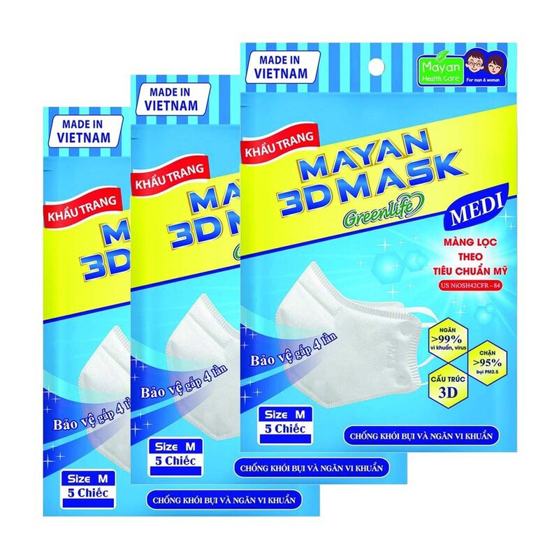 Combo 3 Gói Khẩu Trang Mayan 3D Màu Trắng (5 Cái x 3 Gói) 3D Mask (White)