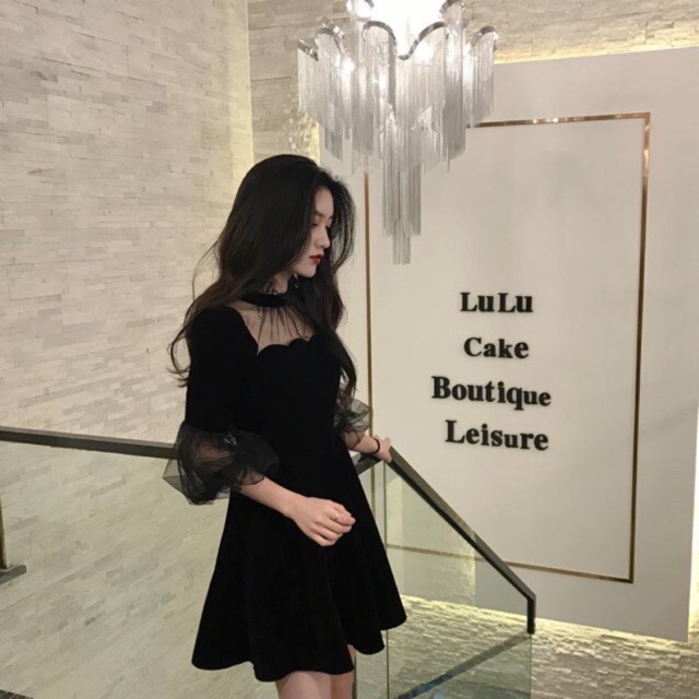 [Hàng oder] Váy đen cổ tròn mix voan