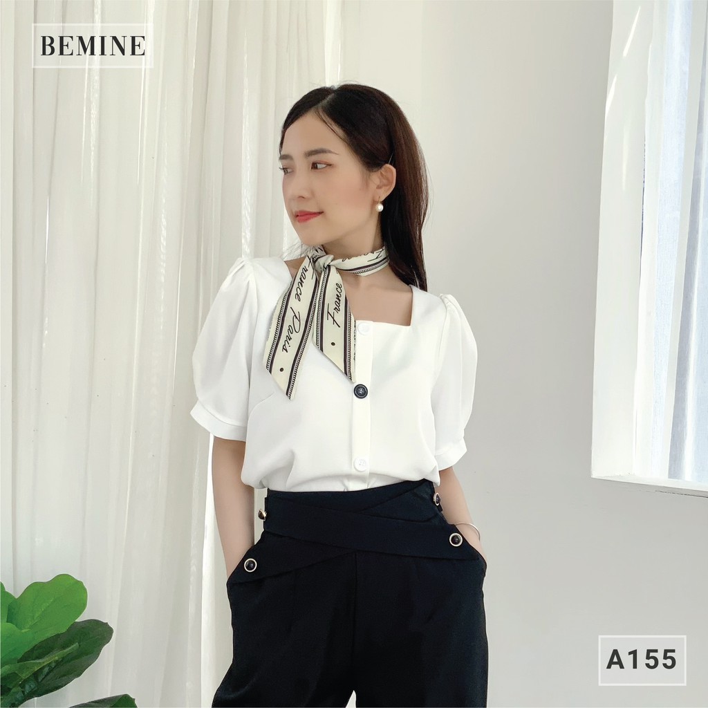 Áo sơ mi công sở nữ cổ vuông tay bồng nút phối BEMINE A155TRANG