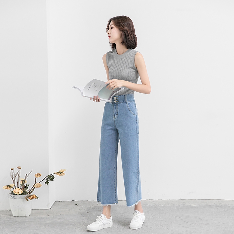 SUXI Quần Jeans Nữ Lưng Cao Ống Rộng Kiểu Hàn Quốc