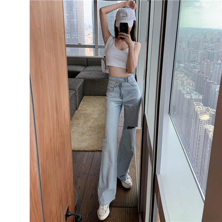 Quần Jean Dài Lưng Cao Phối Rách Kiểu Retro Hàn Quốc Cá Tính Cho Nữ | BigBuy360 - bigbuy360.vn