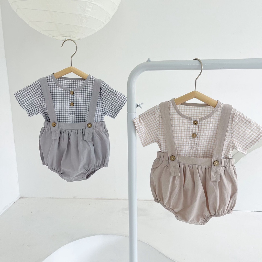 Bộ Áo Liền Quần Ngắn Tay Họa Tiết Caro Phong Cách Hàn Quốc Thời Trang Mùa Hè Cho Bé