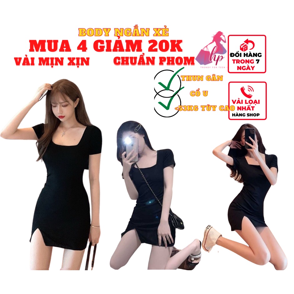 Váy đầm nữ body dự tiệc cổ U tay ngắn xẻ tà màu đen thun gân sang chảnh phong cách hàn 2022 -VD05...
