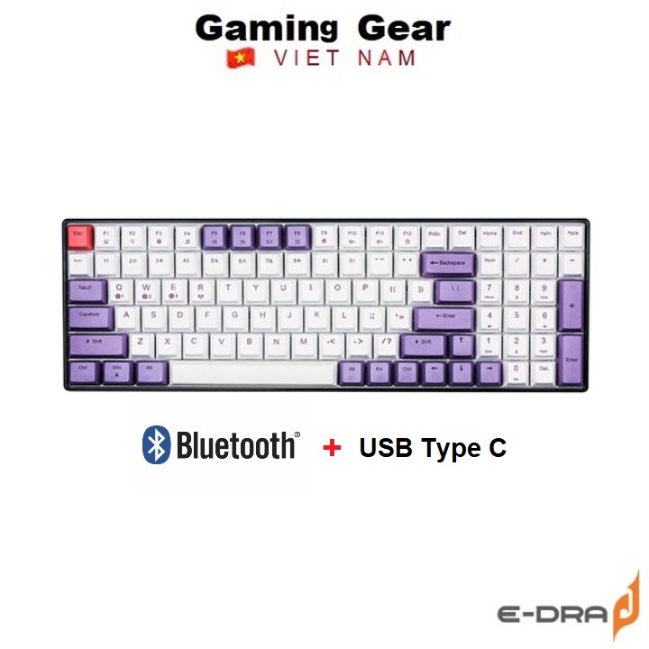 Bàn phím cơ không dây Bluetooth EDRA EK396W Gateron Switch/ USB Type C/ PBT dyesub keycap