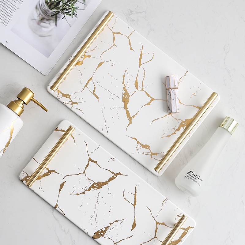 Khay Sứ Đựng Đồ Mĩ Phẩm, Decor Vân Đá Cao Cấp