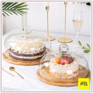 Chụp bánh thủy tinh, khay chụp bánh kem thủy tinh Borosilicate kèm khay tre