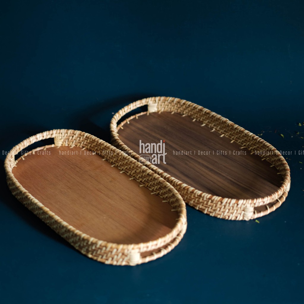 Khay mây oval  - Khay oval đế gỗ - Oval rattan tray