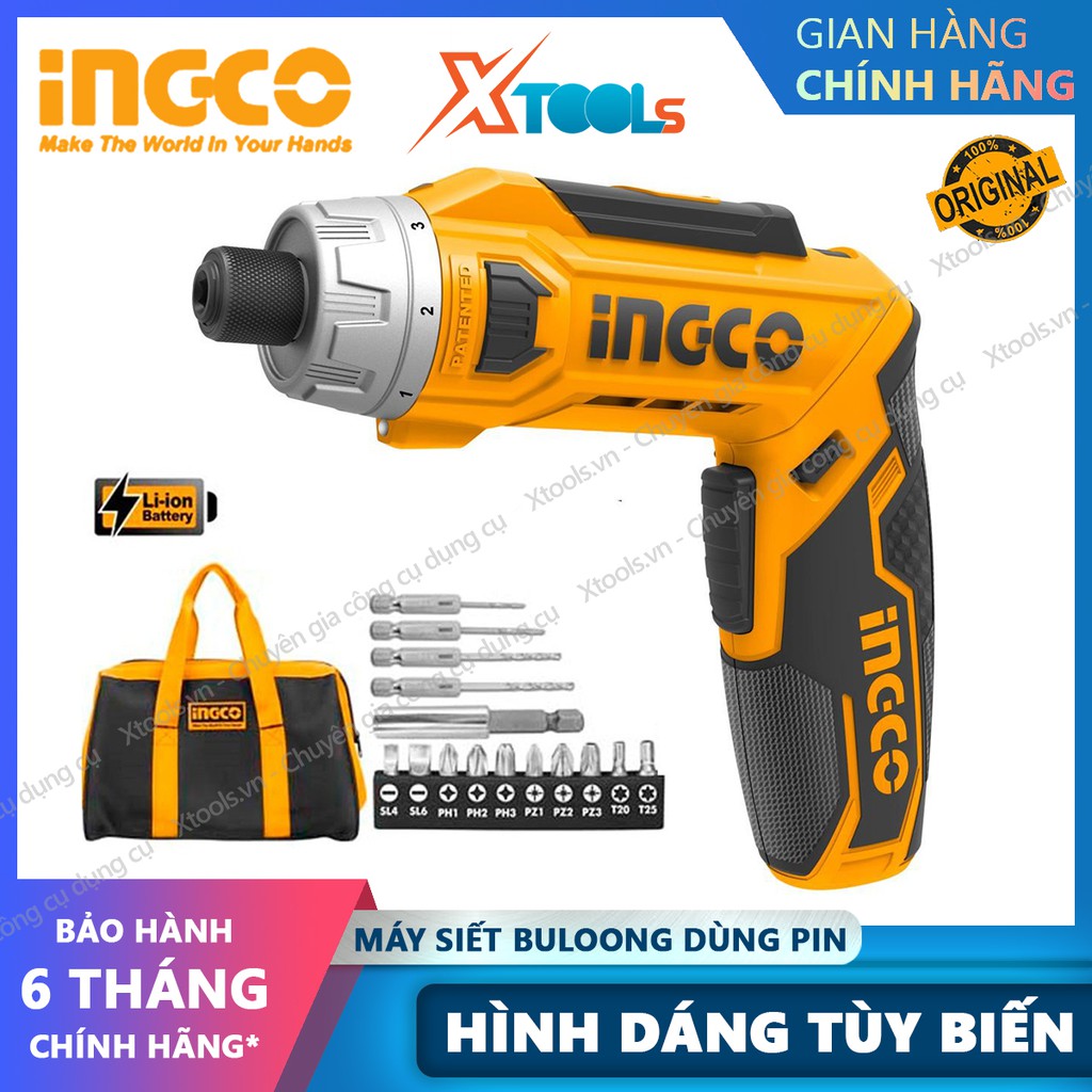 Máy siết vít INGCO CSDLI0801 8V Tặng kèm 10 mũi siết vít 25mm, 1 mũi từ, 1 cục sạc 2 giờ. Máy bắn bulong cầm tay