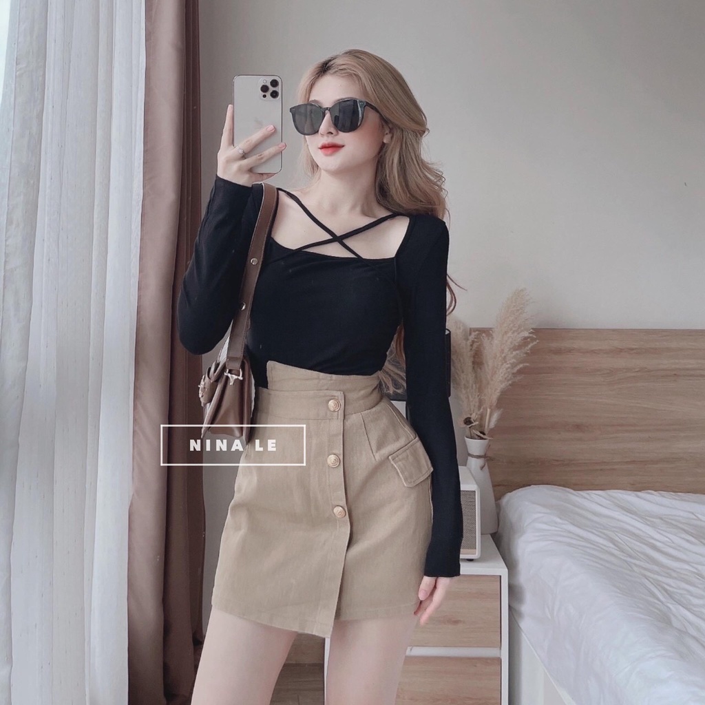 Áo kiểu thun nữ tay dài cổ U phối dây đan chéo cá tính