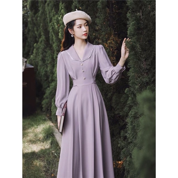 Đầm vintage tiểu thư sang chảnh màu tím mộng mơ