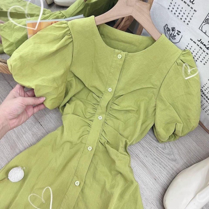 Đầm Thiết Kế Tay Bồng Nhún Eo Dáng Dài Tôn Dáng