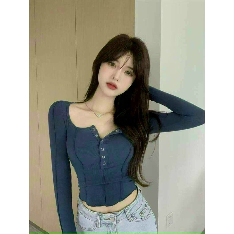 áo thun gân tay dài nút  bấm phối đường li 2 bên sườn li