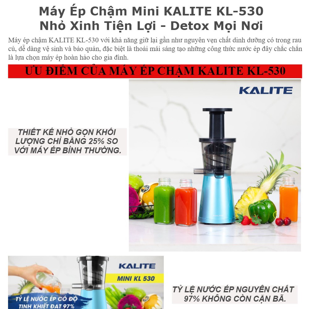 [HÀNG CHÍNH HÃNG] Máy ép chậm KALITE KL- 530, Máy ép trái cây hoa quả mini, ÉP CỰC ĐÃ SIÊU KIỆT, Ép Hoa Quả, Ép Rau Củ