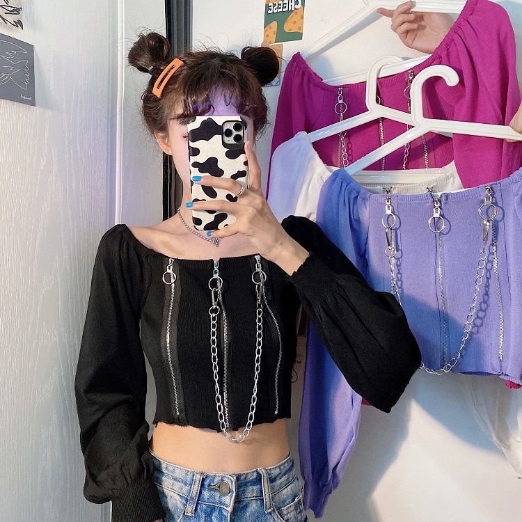 Áo Dệt Kim Tay Dài Trễ Vai Phối Dây Xích Dáng Ngắn Phong Cách Hồng Kông Cổ Điển Thời Trang 2022