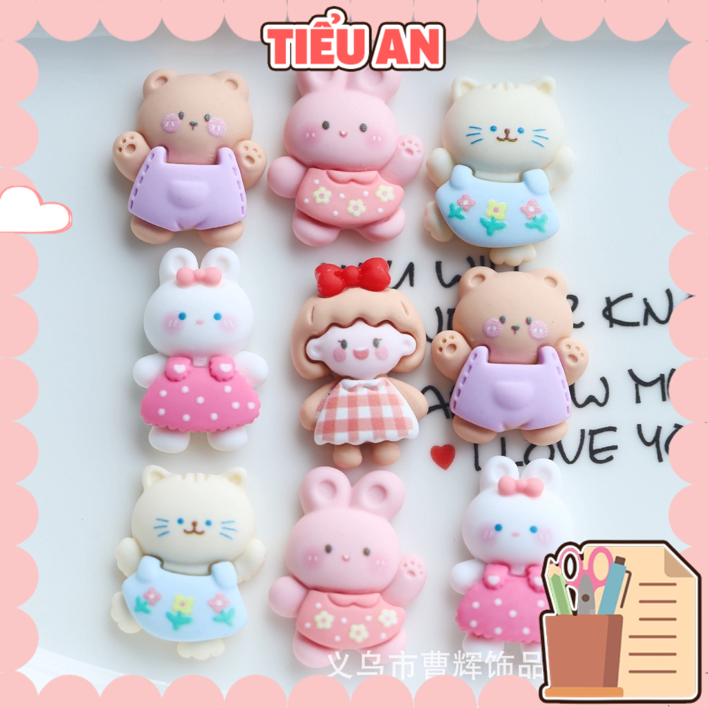 Charm (C557) slime/ Dụng Cụ Charm Trang Trí  [Ko Keo &amp; Nút] Bé Gấu &amp; Thỏ mặc đầm xinh xắn (2x2.5 cm)