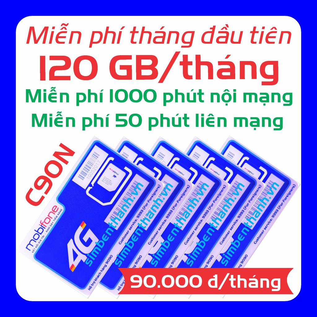 ⭐️[Miễn phí tháng đầu] Sim 4G MobiFone gói C90N Data 120 GB/tháng + 1000 phút nội mạng + 50 phút liên mạng