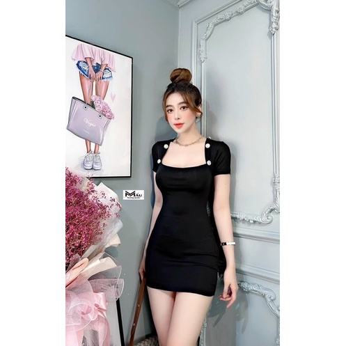 Váy body cổ vuông cúc dáng ngắn sexy,có 2 màu đen nâu ,BIGGSIZE, cao cấp