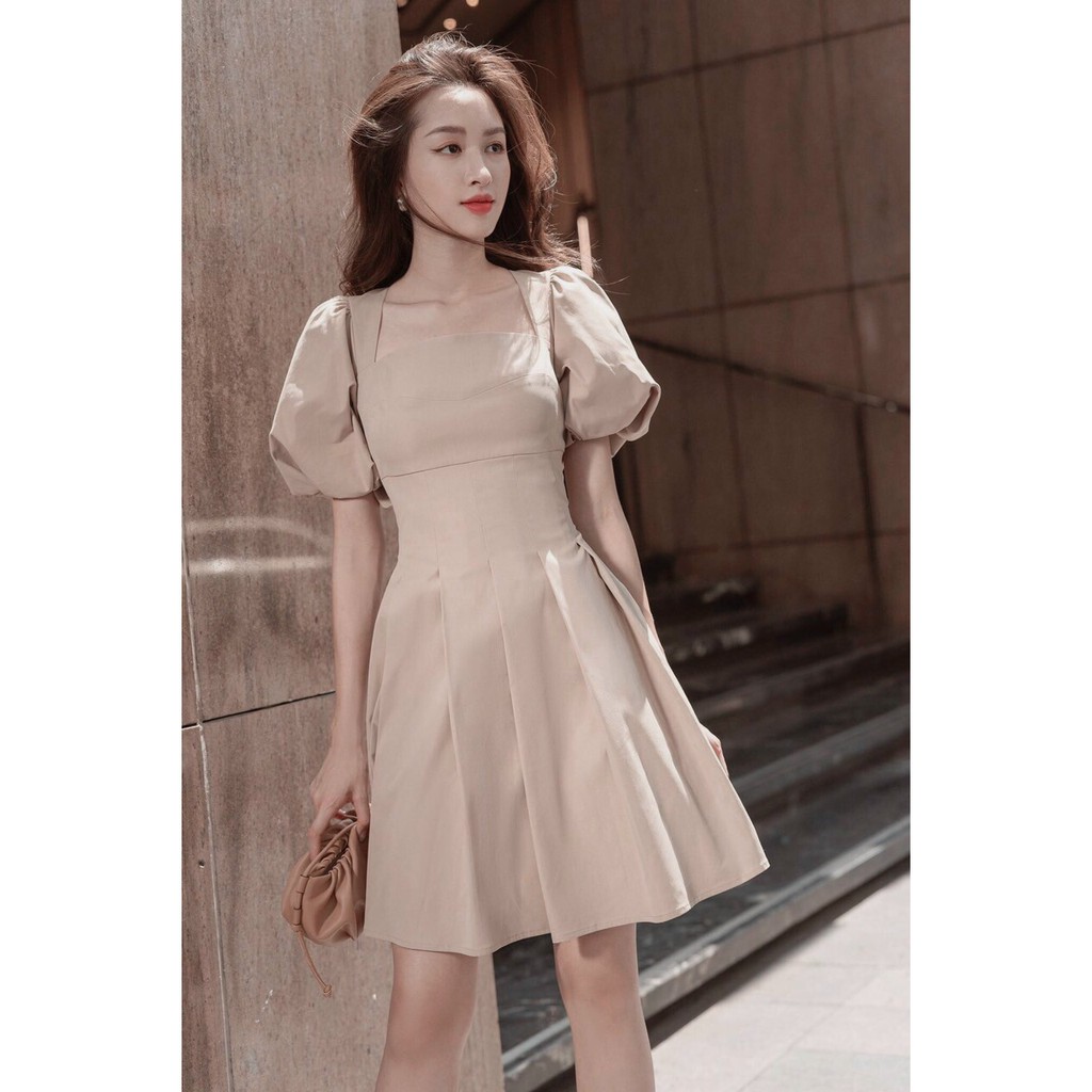 Đầm Cổ Vuông ⚡️FREESHIP⚡️ Tay Phồng Dáng Xòe Tà Xếp Ly | BigBuy360 - bigbuy360.vn