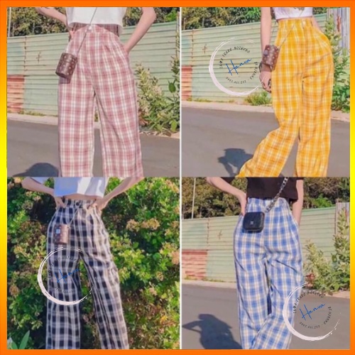 Quần Ống Rộng Culottes Dáng Suông Kẻ Caro Cạp Cao Lưng Chun Trẻ Trung Năng Động Hanva