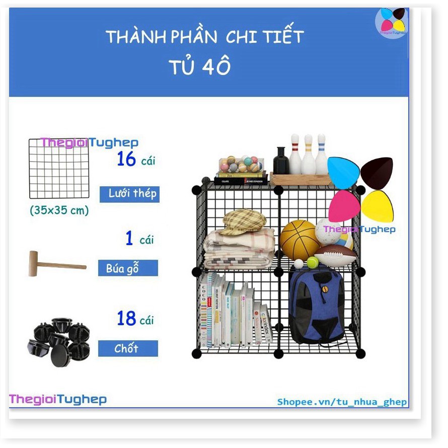 SZ- Tủ lưới sắt lắp ghép đa năng hiện đại để sách, đồ dùng trang trí phòng làm việc 4 ô lắp hình vuông (16 lưới +