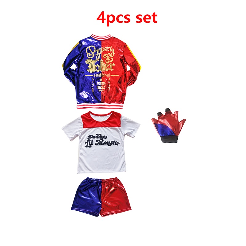 Harley Quinn trang phục cosplay Halloween trẻ em cô gái Suicide Squad áo thun quần short tóc giả lễ hội trang phục