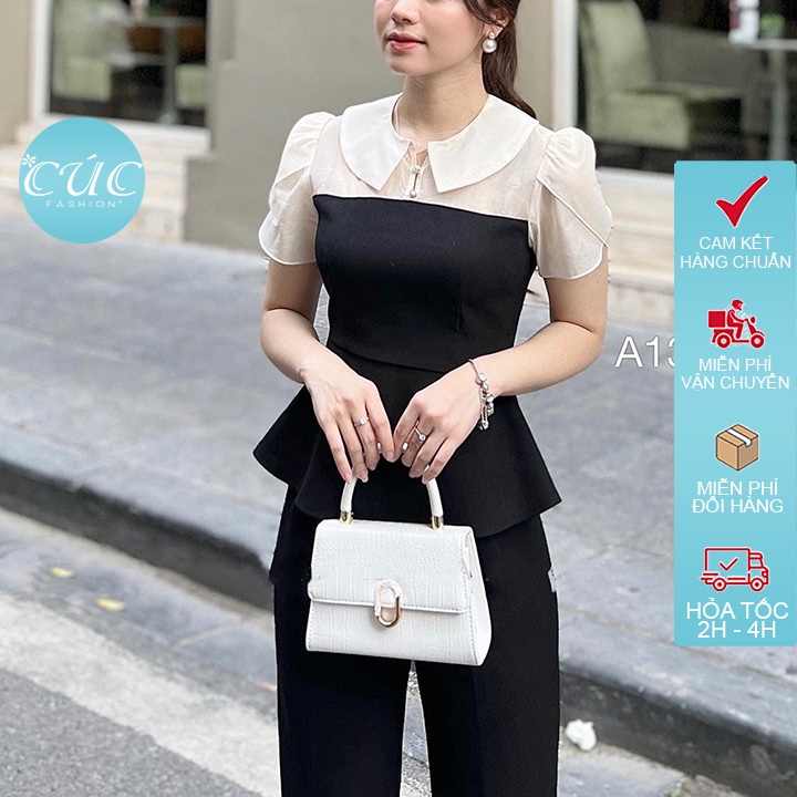 Áo sơ mi nữ CÚC FASHION somi tay ngắn cao cấp kiểu dễ thương thời trang công sở đen đi học peplum phối cổ sen A1393