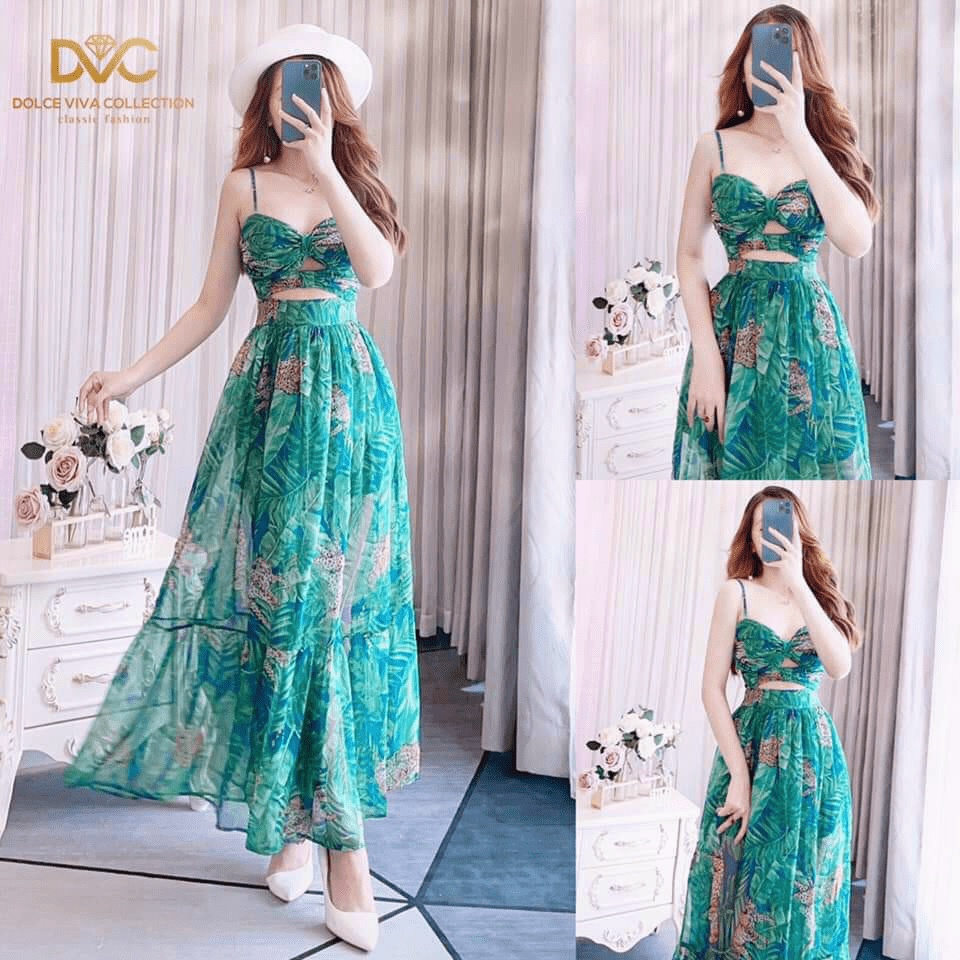 HCM]đầm maxi hoa xanh fom dài cao cấp sang trọng siêu hot LT