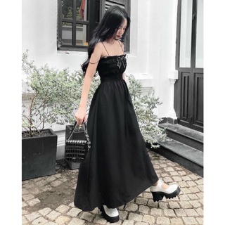 Đầm maxi đen nhún phối nơ 2 dây
