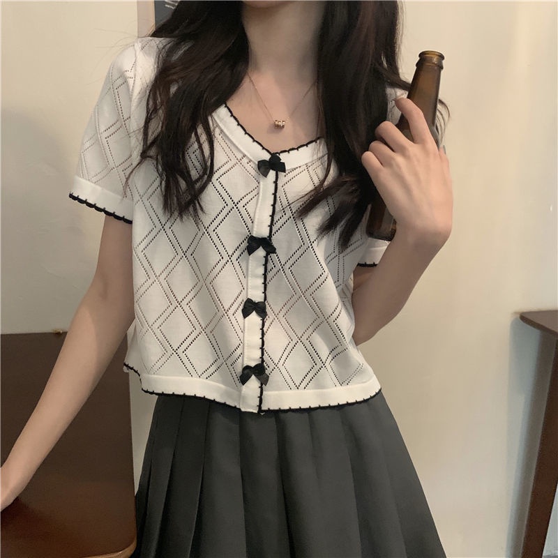 Áo Dệt Kim Tay Ngắn Cổ Chữ V Thời Trang Mùa Hè Cho Nữ