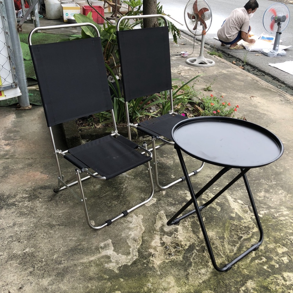 Bộ 2 ghế 1 bàn xếp inox lưng 85cm sử dung trong quán cafe, trà sữa... màu sáng bóng, độ bền cao