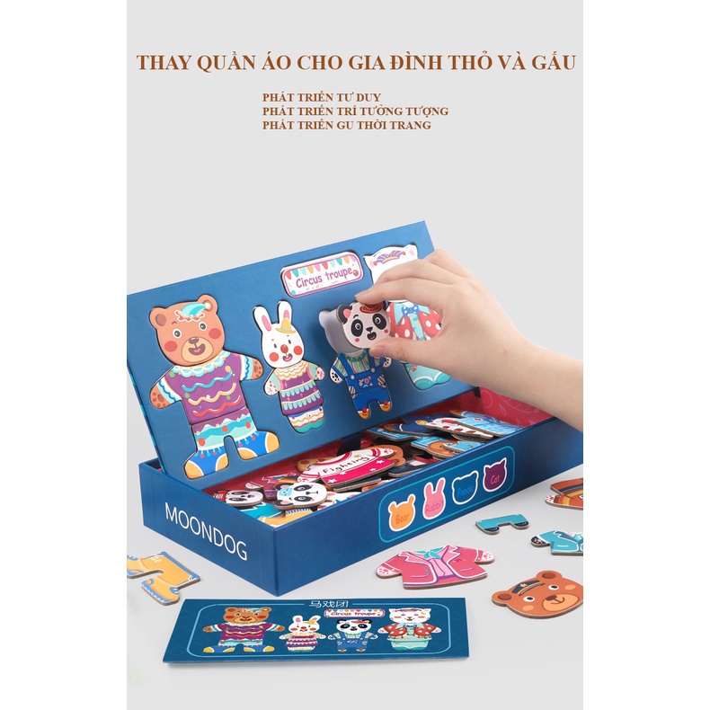 Bộ Đồ Chơi Xếp Hình thay quần áo gia đình nhà Thỏ- Gấu- Động Vật- Chất liệu gỗ, có nam châm