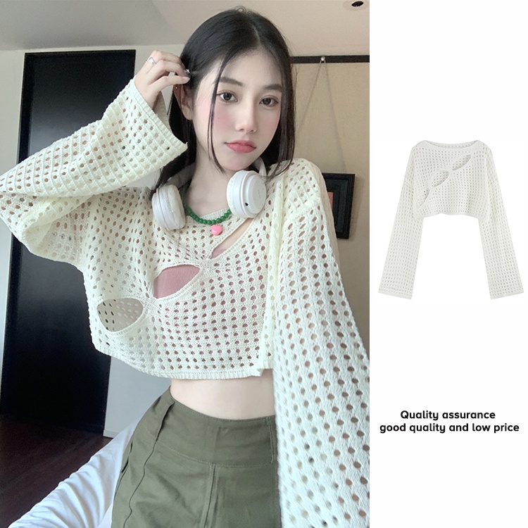Áo Croptop Dệt Kim Tay Dài Chống Nắng Thời Trang Phong Cách Hàn Quốc Cho Nữ