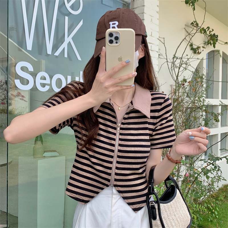 Áo thun polo dệt kim ZHELIHANGFEI họa tiết kẻ sọc thiết kế lệch tà thời trang cá tính cho nữ