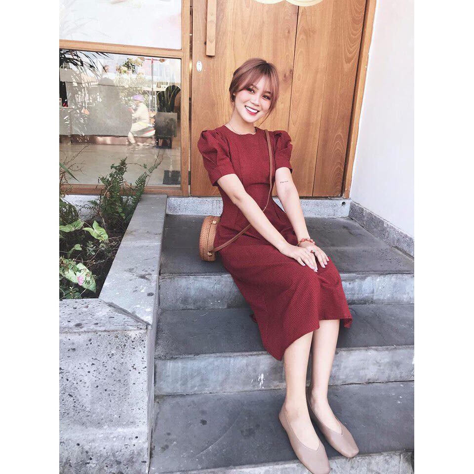 Đầm Nữ Đỏ Caro Tay Xếp Li (KÈM ẢNH THẬT) | BigBuy360 - bigbuy360.vn