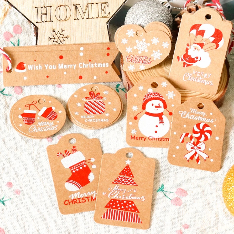 Set 50 thẻ giấy kraft màu nâu có dây thừng treo trang trí giáng sinh
