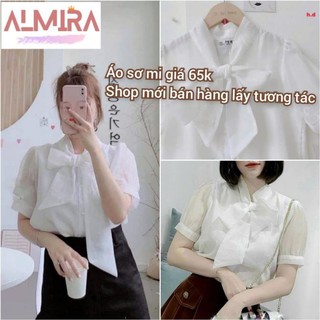 Tuyệt Áo sơ mi cổ nơ tay phồng ngắn tiểu thư phong cách hàn quốc ྇ đẹp